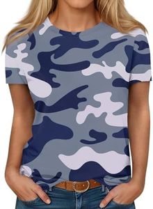 Generic T Shirts for Women Plus Size Tops for Women Summer Oversized Loose Casual Retro Top Fashion Camouflage Print Crew Neck Short-Sleeved Shirt Tee Womens Plus Size Shirts Blue M