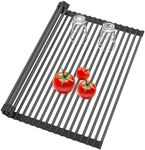 Roll Up Dish Drying Rack, Silicone Wrapped Over The Sink Multipurpose Foldable Dish Drainer Anti-Slip Coated Stainless Steel Dish Racks for Kitchen Counter, Sink Drying Rack (Black, 17.3" x 17.3")