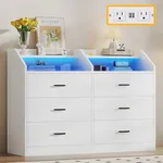 DWVO Drawers Dresser 49.5", Moern Double 6 Drawers Dressers RGB LED Lights, 35.5" Tall Storage Dressers with AC Sockets & USB Ports, Built-in Cable Cutout for Bedroom, Living Room and Office, White