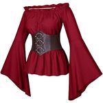 Irtysh Womens Renaissance Victorian Peasant Ruffle Smocked Waist Boho Pirate Shirt Blouse With Belt Set, Red, X-Large