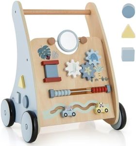 GYMAX Wooden Baby Walker, 7-in-1 Toddler First Step Activity Interactive Push Along Toy with Handle & Smooth Rubber Wheels, Sit-to-Stand Learning Walker for Girls & Boys (Blue+Natural)