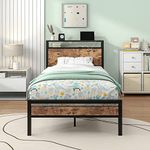 BOFENG Twin Bed Frame with Storage Headboard/Charging Station,Metal Platform Single Bed Frame Twin Size with Strong Slats Support,No Box Spring Needed,Mattress Foundation,Noise Free,Brown