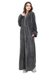 Hellomamma Women's Zip Front Bathrobe Soft Long Fleece Plush Robe Full Length Housecoat Sleepwear Dressing Gown Grey