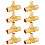 Uenede 8PCS LF Brass 3/4 to 1/2 to 3/4 Inch PEX Tee Reducer 3 Way Coupling Barb Crimp Pipe Tube Fitting