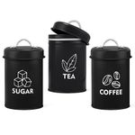 Homikit Tea Coffee Sugar Canisters Set of 3, Metal Food Storage Jars with Airtight Lids, Decorative Kitchen Storage Tins for Farmhouse/Countertop Décor, Sturdy & Easy To Clean, Retro Design - Black