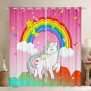 Girls Unicorn Curtain 76"Wx54"L Kawaii Cute Unicorn Window Drapes Ombre Starry Sky Window Curtains Cartoon Horse Curtains & Drapes Colorful Rainbow Butterfly Window Treatments 2 Panels Bedroom Decor