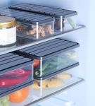 Tastello Fridge Storage Box | Containers for Food | Kitchen Organizer | Freezer | Fruits | Vegetables | Fish | Fresh Longer | Draining Crisper Refrigerator Box | Black | 1200 ML Each (Set of 6)