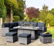 Rattan Garden Furniture with Fire Pit Table - Premium Series - 9 Seater Outdoor Furniture Rattan Corner Sofa Corner Garden Furniture Sets - FREE RAIN COVER (Grey, Left Hand - Firepit Table)