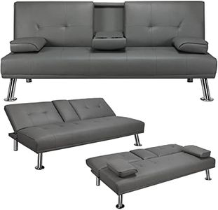 Yaheetech Divano Letto con 2 Cuscini Mobile in Ecopelle Divano Convertibile in Letto Arredamento Pieghevole 3 in 1 con Supporto Centrale Porta Bicchieri 167 × 81,5 × 75 cm da Soggiorno Grigio