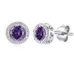 February Birthstone Earrings Amethyst Studs for Women Girls - Presentski Sterling Silver 925 Small Purple Cubic Zirconia Round Shape Simulated Gemstone Birth Stone Stud Earring Hypoallergenic Jewelry