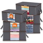 Lifewit 35L Clothes Storage Bag Foldable Storage Boxes with Lids Underbed Wardrobe Storage Organiser with Sturdy Fabric Clear Window for Clothing Bedding Sweaters T-shirts Blankets, 6 Pack, Grey