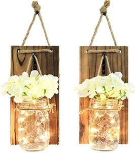 Greenco Rustic Style Wall Mounted Mason Jar Sconce with Faux Flower and Led Strip Lights - Set of 2