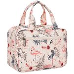 Narwey Full Size Travel Toiletry Bag Wash Bag Large Makeup Bag Organizer Cosmetic Bag for Women (Beige Flamingo)