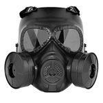 Tactical Paintball Full Face Mask, BBs Protection Gear Tactical Mask for Halloween Cosplay Shooting CS Game with Double Turbo Fan (Blcak-grey lens)