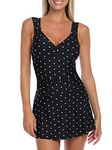 RELLECIGA Retro Collection –Women's Black Polka Dot Ruched Tummy Control One Piece Skirt Swimsuits Size Small