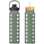 MUKOKO 32oz Glass Water Bottles with 2 Lids-Handle Spout Lid&Bamboo Straw Lid, Motivational Water Tumbler with Time Marker Reminder and Silicone Sleeve, Leakproof-Olive-1 Pack