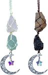 Handmade Crystal Car Hanging Ornaments Rear View Mirror Decor Raw Stone Healing Crystals Moon and Star Decorative Car Accessories Gift (Rose Quartz +Green Fluorite&Tigers Eye+Black Tourmaline)