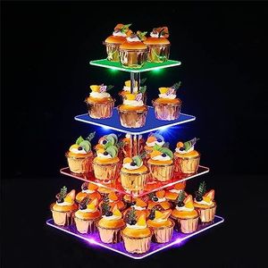 4 Etages Présentoir Cupcake, Ulifeme LED Rechargeable Support de Cupcakes en Acrylique, Affichage de Desserts Carré Transparent - Noël, Mariage, Anniversaire, Fête de Naissance et Fête d'anniversaire
