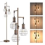 EDISHINE Dimmable Industrial Floor Lamp, Farmhouse Standing Lamp for Living Room, Bedroom, 3 LED Edsion Bulbs Included, Rotary Switch, 65in Rustic Tree Reading Lamps for Study Room, Office - Brown