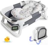 Foldable Baby Bath Tub with Thermometer for Real Time Temperature Free Bath Toy, Temperature Sensing Drain Plug, Anti-Slip Legs Collapsible Tub with Cushion Pad (Grey)