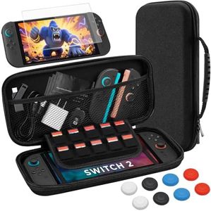 FUNLAB Switch 2 Case Accessories Bundle for Nintendo Switch2 Kit, Protective Switch Carrying Case with 10 Game Card Slot, Screen Protector Tempered Glass and 8pcs Thumb Grips Caps - Black