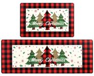 Pauwer Christmas Tree Kitchen Rugs Set of 2, Farmhouse Red Buffalo Plaid Kitchen Floor Mat, Non Slip Anti Fatigue Kitchen Mats for Floor, Cushioned Kitchen Rug Set Winter Holiday Christmas Decor