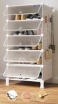 BOXJOY 5 Shelf Shoe Rack Box Organizer with 5 Doors, Strong Magnets & 5 Hook Steel Holder for Home Storage, PP Plastic Cabinets with Metal Frame, Chappal Slipper Stand (White Rack, Translucent Door)