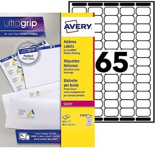 Paquete 15 hojas etiquetas blancas para sobres para impresoras láser 38,1x21,2 mm avery l7651-15