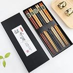 Bosdontek Japanese Chopsticks Wood 5 Pairs Reusable Natural Chopsticks Washable for Dishwasher 9 Inch Wood Chopsticks Chinese Tableware Set with Luxurious Black Handmade Box (Natural Wood)