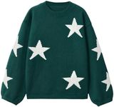 WDIRARA Girl's Star Pattern Round Neck Long Sleeve Sweater Casual Knitted Pullovers Tops Green 10Y