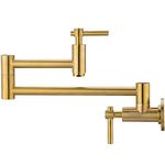 CAKIONG Gold Pot Filler Faucet, Brass Kitchen Faucet Wall Mount Gold Lead-free, Double Joint Swing Arm Sink Faucet, Articulating Wall Mount Two Handle Folding Stretchable Faucet