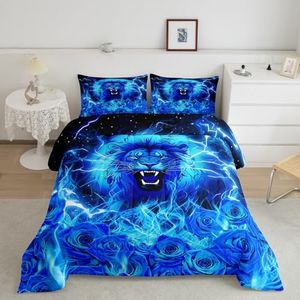 Lion Kids Comforter Set Queen Size,Rose Flowers Romantic Valentine's Day Bedding Set,Boys Men Room Decor,Wild Animals Lightning Flash Down Comforter,Blue Fashion Duvet Insert,2 Pillowcases