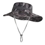 ZLYC Mens Waterproof Camo Sun Hat Wide Brim Packable Outdoor Mesh Fishing Bucket Hats(Camo Black),L