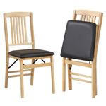 COSTWAY Folding Chairs Set of 2, Rubber Wood Counter Dining Chairs with Backrest & Padded Seat, Kitchen Office Conference Side Chair Seating, 180kg Weight Capacity (PVC Leather Seat, Black + Natural)