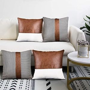 cygnus Decorative Throw Pillow Covers 18x18 Inch Faux Leather Stitching Canvas and Black Stripe Pattern Modern Farmhouse Covers Set of 4