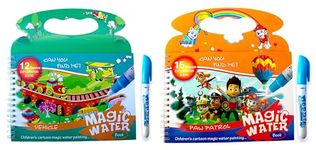 GLUN® Children's Cartoon Water Magic Painting Book with Marker, 15 Different Exploration Scenes, Different Theme Magic Book (Combo 4)