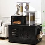 Recaceik Cat Litter Box Enclosure with Cat Tree, Hidden Cat Washroom Furniture with Divider, Wooden Cat House with Platform, Scratching Post and Soft Plush Perch, Indoor Pet Cabinet,Black