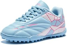 Girls Soccer Cleats for Toddler and Little Kids - Turf Lace Up Soccer Shoes - TF Outsoles for Flat Indoor and Artificial Turf Pink Blue