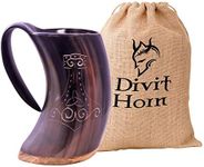 Divit Genuine Viking Drinking Horn Mug | Authentic Medieval Beer Horn Tankard | 24oz (700 ml) capacity horn Cup/Stein. (Mjolnir, Polished)