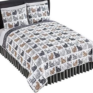 Collections Etc Nala Cat Patterned Grey and Tan Quilt with Stipes, Polka Dots, Floral, and Checkered Designs - Bedroom Decor for Cat Lovers