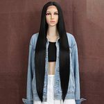 Style Icon 38” Super Long Straight Wigs Lace Front Wigs 6” Deeper Middle Part Wig Black Synthetic Wig (38", 1B) (38”, 1B)