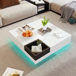 BTM Coffee Table, Square Coffee Table with Removable Storage Box and LED Light, White and Black Coffee Table for Living Room, High-gloss Coffee Table, 72 * 72 * 30 cm