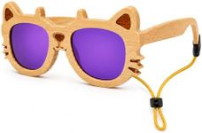 LNOOPZYL Kids Wooden Cat-Shaped Sunglasses with Ears, Wood Frame, Multiple Lens Colors, Ages 2-8, Includes Case, Cloth and Strap (Wood-Frame-Purple-Lens)