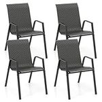 Tangkula Patio Rattan Chairs Set of 4, Stackable Dining Chair Set with Wicker Woven Backrest & Seat, Heavy-Duty Metal Frame, Outdoor Armchairs for Front Porch, Backyard, Poolside