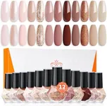 modelones Nail Polish Set 12 Colors Nude Brown Fall Nail Polish Set Champagne Gold Glitter Nail Polish Neutral Nude Pink Shimmer Fall Winter Brown Nail Gifts for Women Girl DIY Salon Home Manicure