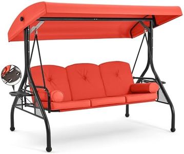 HOMREST 3 Seat Outdoor Porch Swing with Adjustable Canopy, Convertible Patio Swing Bed with Stand, Patio Glider Swing with Upgraded Cup Holder, Thicken Cushions & Pillow for Backyard(Orange)