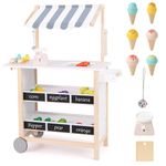 Maxmass Pretend Play Ice Cream Cart, Kids Dessert Shop Trolley with 6 Pcs Play Toy, Bell, Produce Scale & Chalkboard and 2 Wheels, Wooden Children Grocery Store for 3+ Year Old (Grey Canopy)