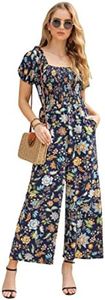 Love Welove Fashion Women's Summer Floral Lantern Sleeve Tube Top High Waist Wide Leg Pants Casual Loose smocked Jumpsuit Romper (Navy Colorful Floral, Medium)