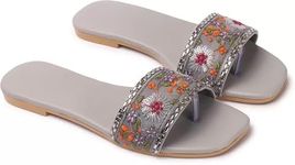 Women Ethnic Embroidered Flats Footwear for Women | Stylish Slippers For Party and Formal Wear | Flat Embroidered Sandal (Grey, UK Footwear Size System, Adult, Women, Numeric, Medium, 5)