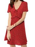 Allegra K Women's Summer Tie V Neck Short Sleeves Ruffle Waistline Boho Floral Dress Red M-12